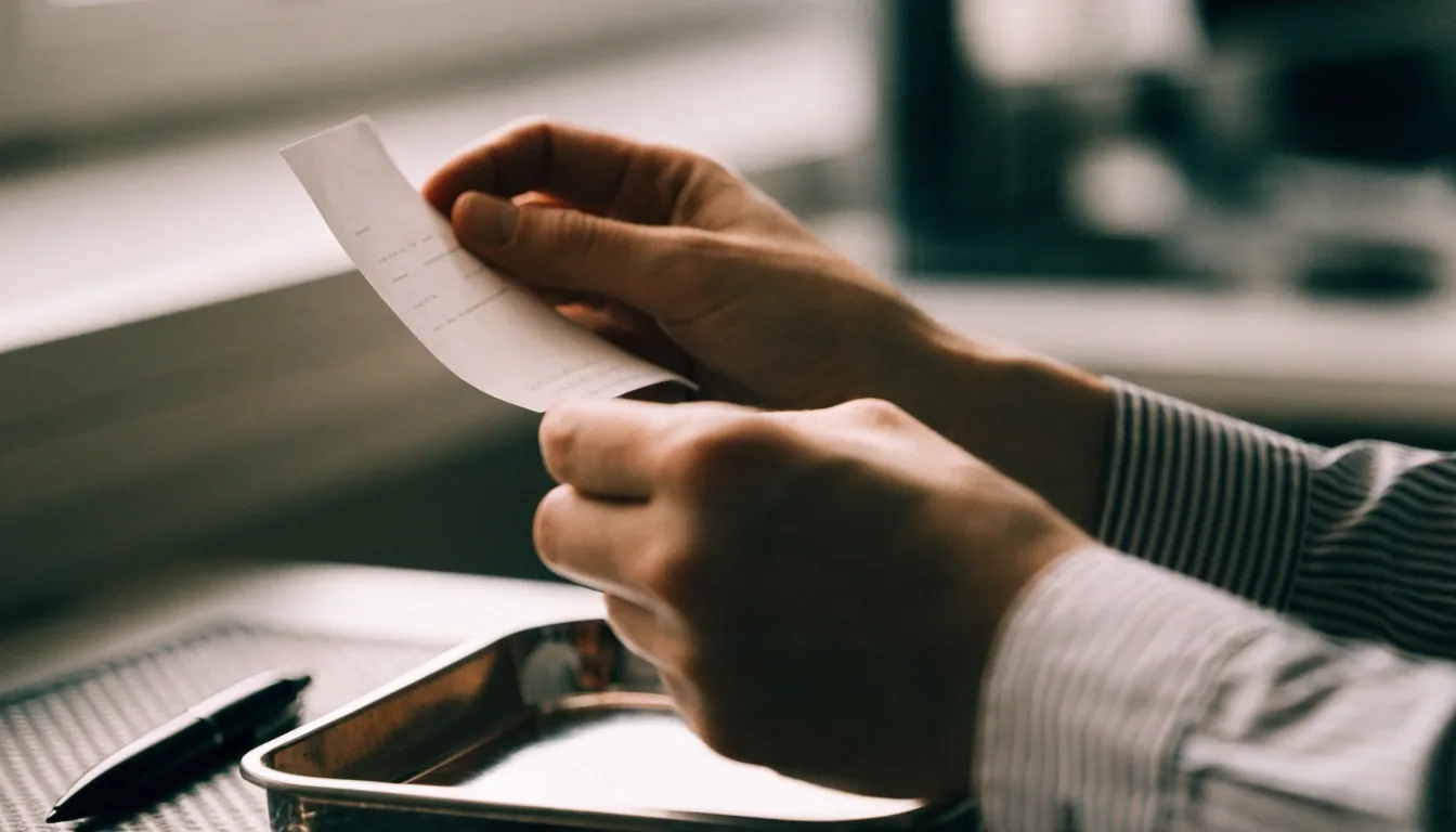 Hands lifting a receipt from a desk tray beside a pen resting on a ruled page