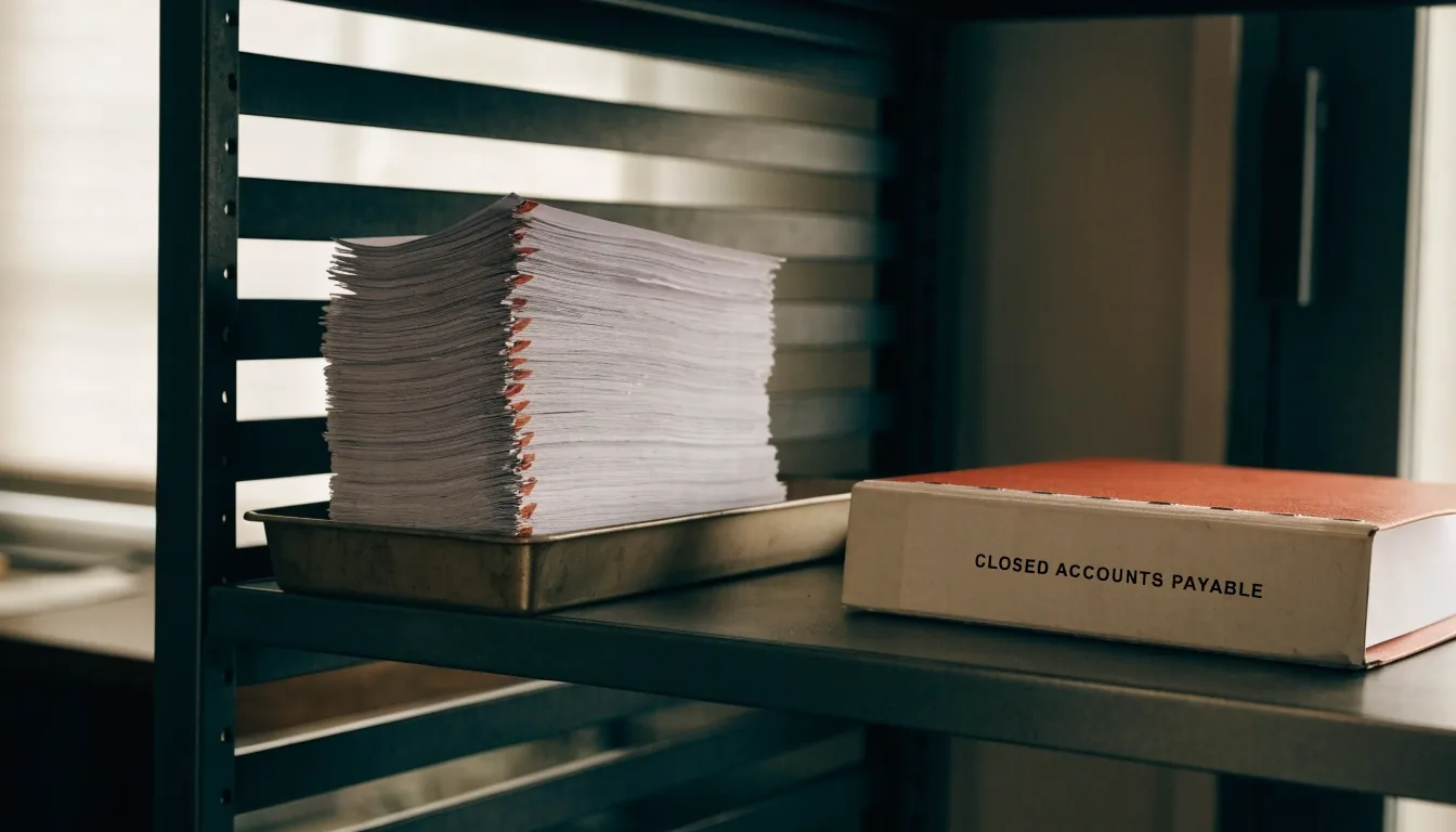 A small office desk at the end of the working day with a closed folder, binder and switched-off lamp