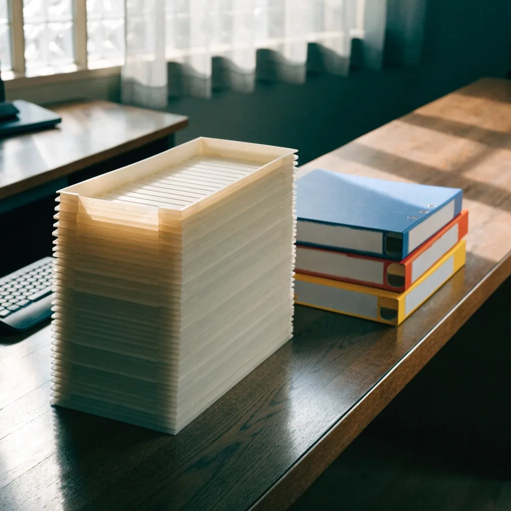 Open reconciliation binder with a hand striking a pen through a ruled row on a dark desk