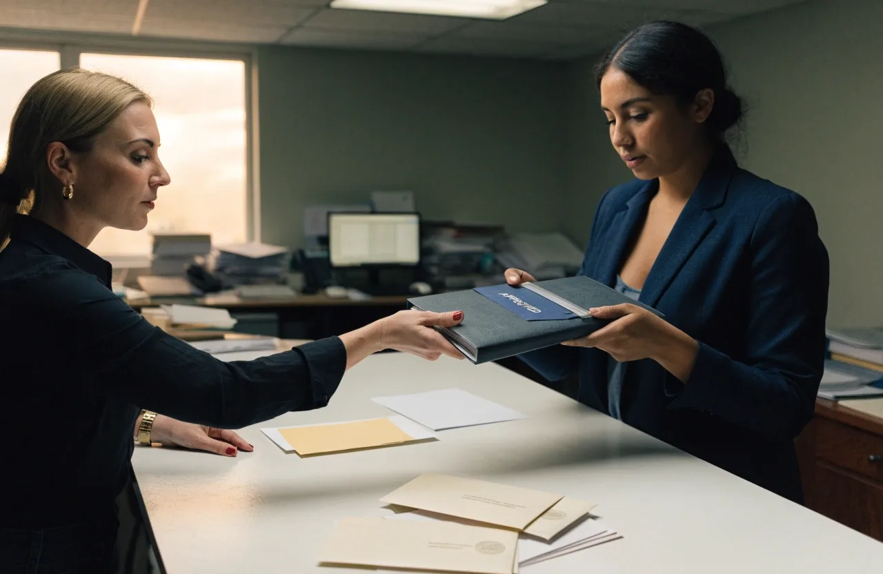 Multi-currency remittance envelopes and an approval folder on a desk under overcast light