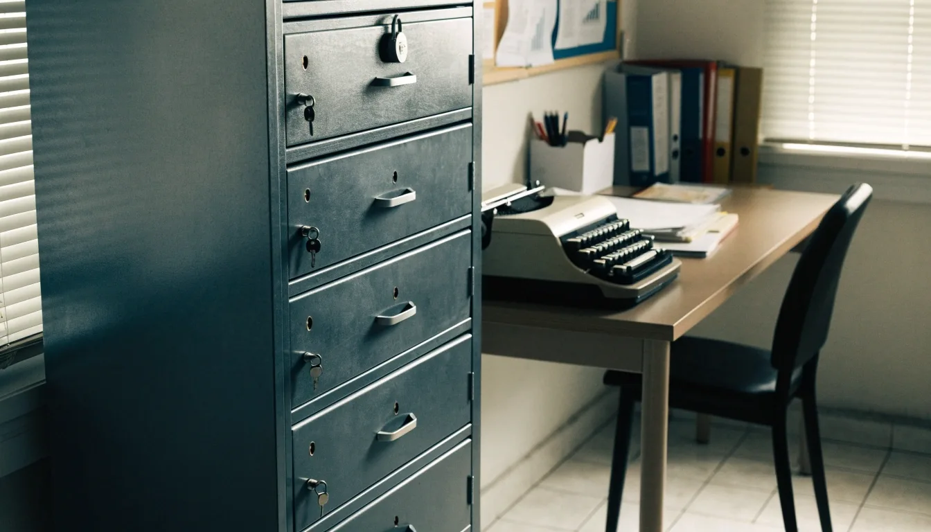A reading-room desk with reference folders and a blank ruled sheet under flat light