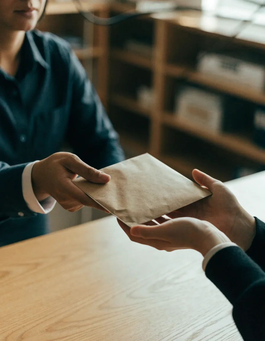 A hand holding a pen above a ruled paper form on a desk