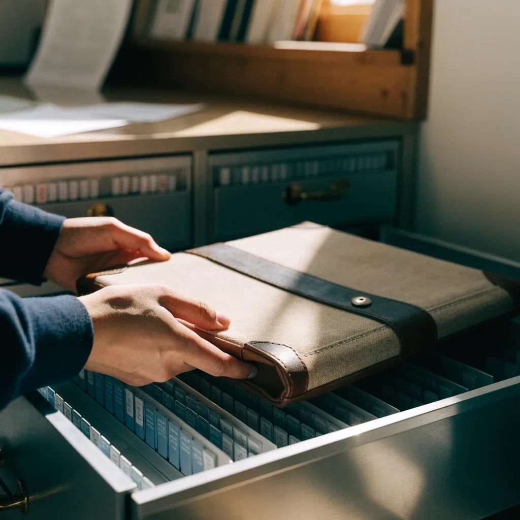 A bookkeeping desk at day's end with a blank ruled binder, receipts in a tray, and a single warm lamp